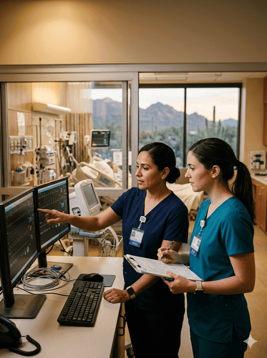 Two registered nurses reviewing patient monitors in a modern Scottsdale Arizona ICU, representing HonorHealth critical care compensation