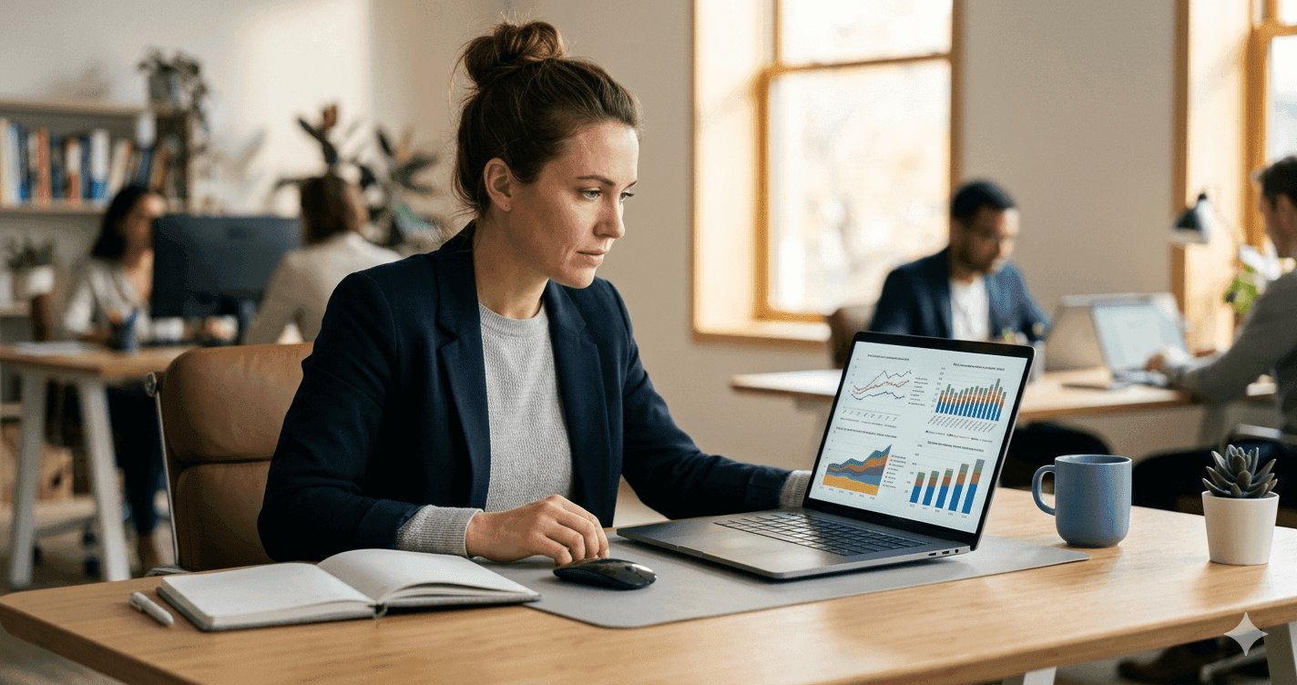 NurseSalaryIntel team member reviewing BLS salary data on a laptop with nursing salary charts and data sources visible