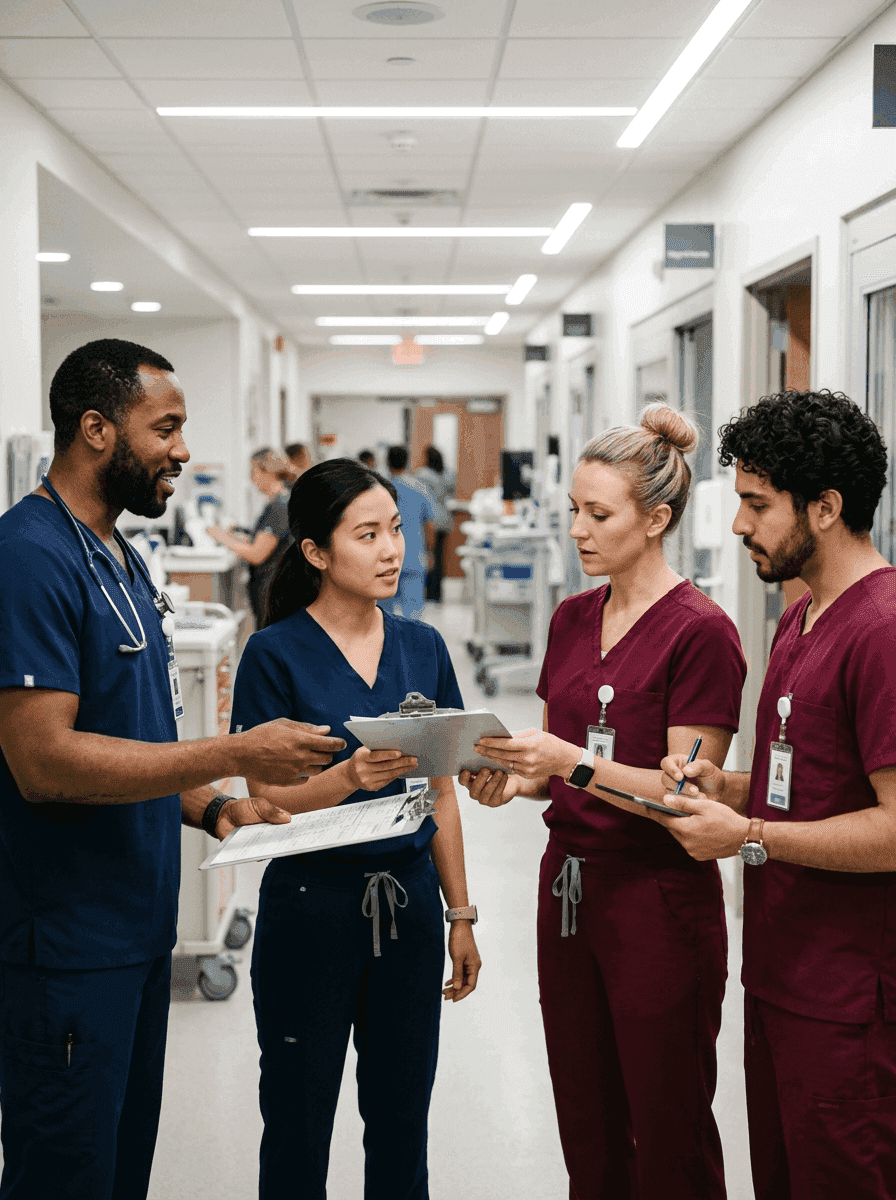 ICU and emergency nursing teams collaborating during a patient handoff in a hospital corridor