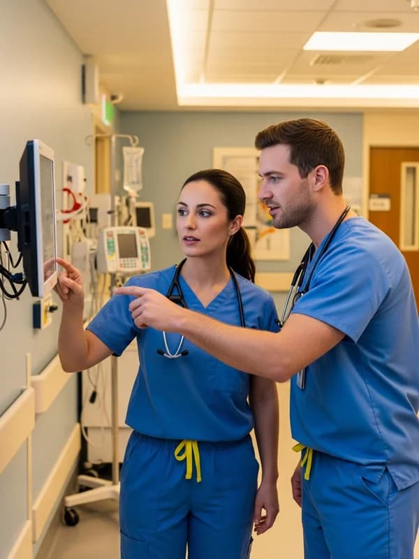 Two nurses in scrubs reviewing patient records together in a bright modern ICU corridor at a Jacksonville Florida hospital, professional clinical setting