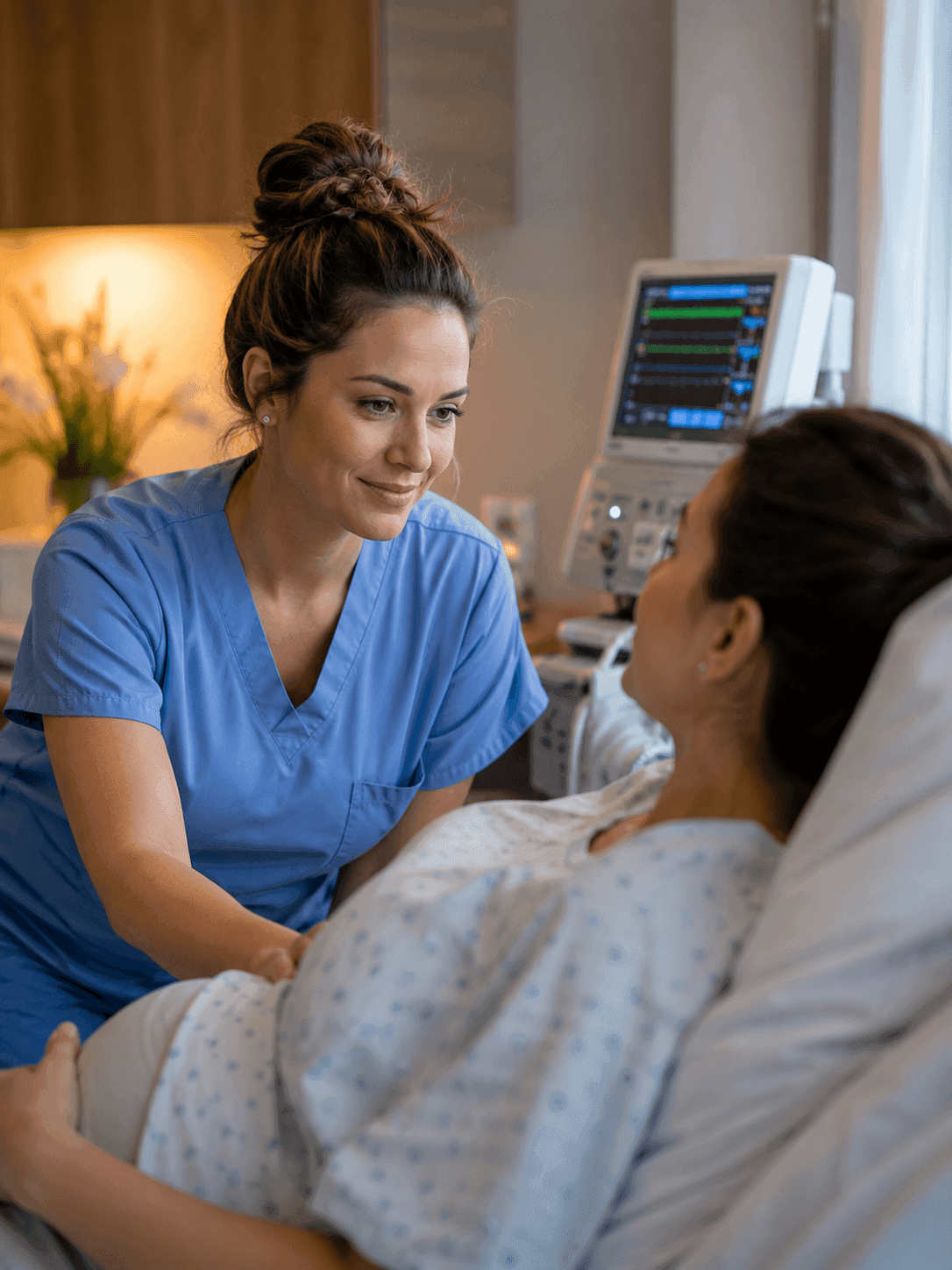 Labor and delivery nurse supporting a patient during labor in a warm, modern birth room with supportive lighting and medical monitoring equipment