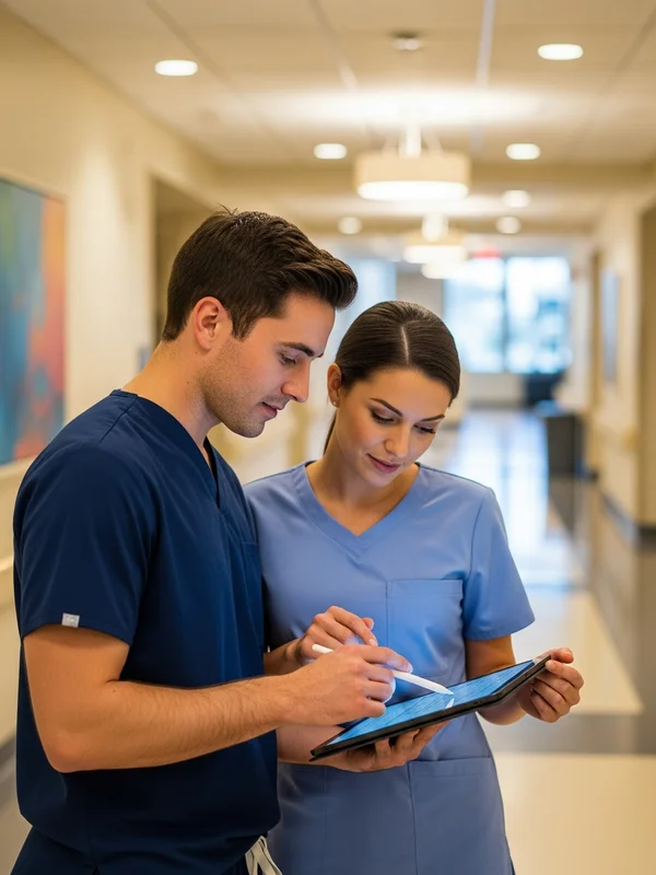 Two nurses in scrubs reviewing patient charts together in a bright hospital corridor at a North Carolina medical center