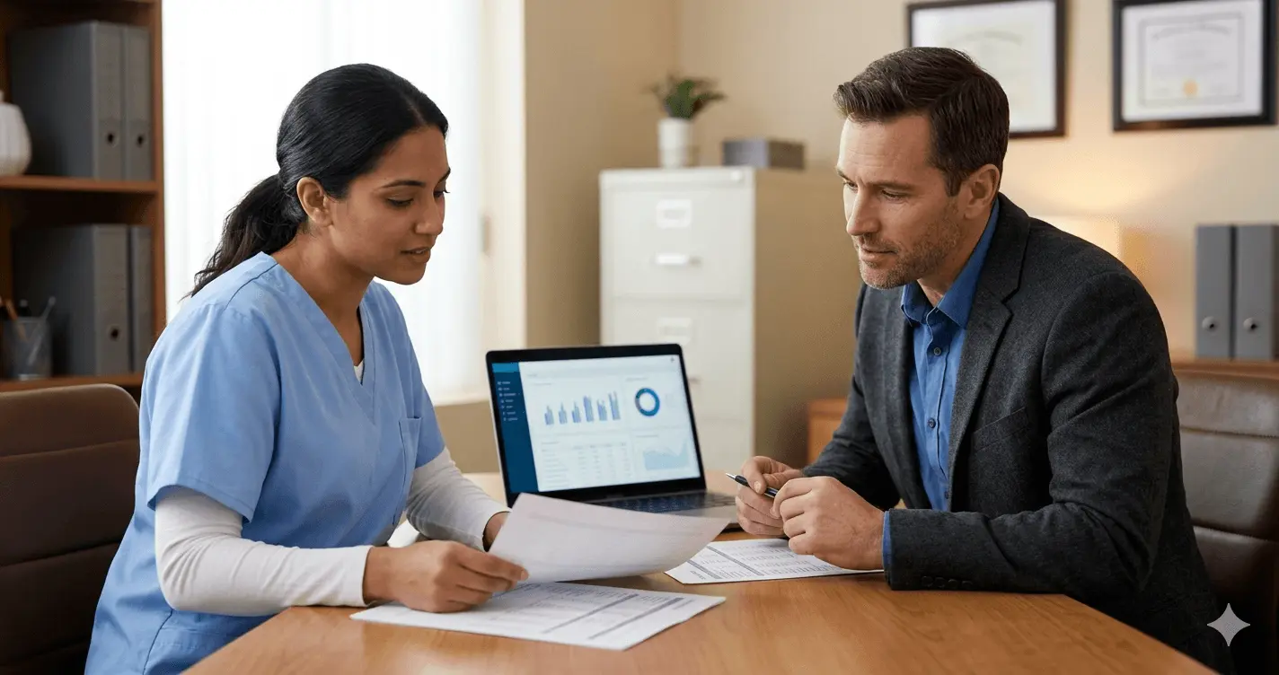 Registered nurse in scrubs sitting across from a hospital HR manager reviewing salary documents in a professional office setting
