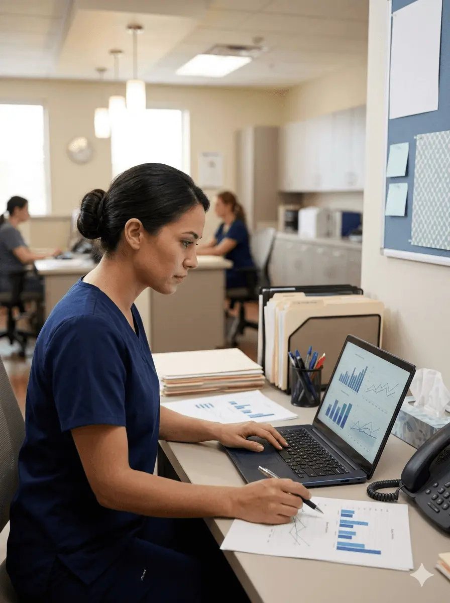 Nurse in scrubs reviewing salary research documents on a laptop at a hospital workstation