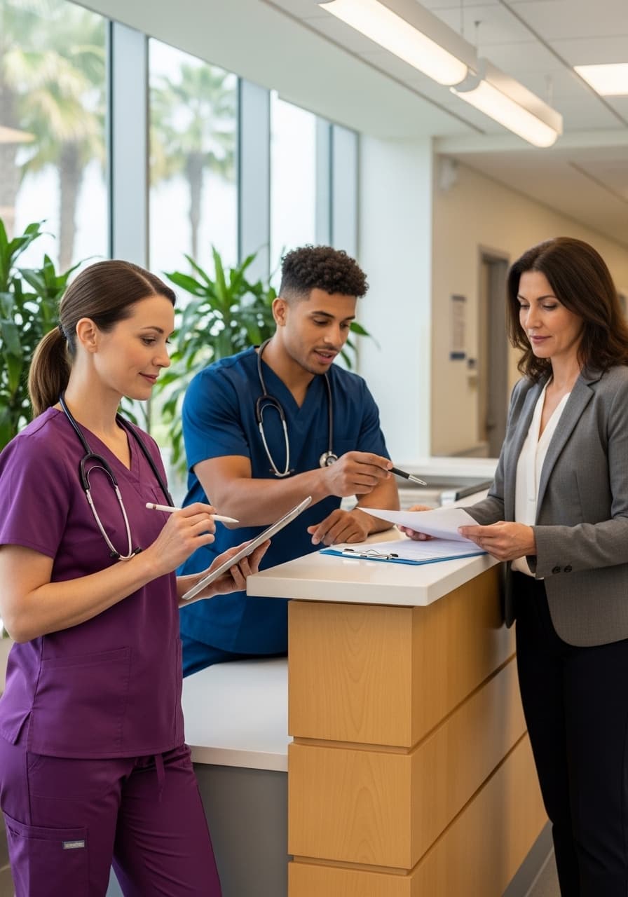 Per diem registered nurse reviewing flexible shift schedule at hospital nursing station