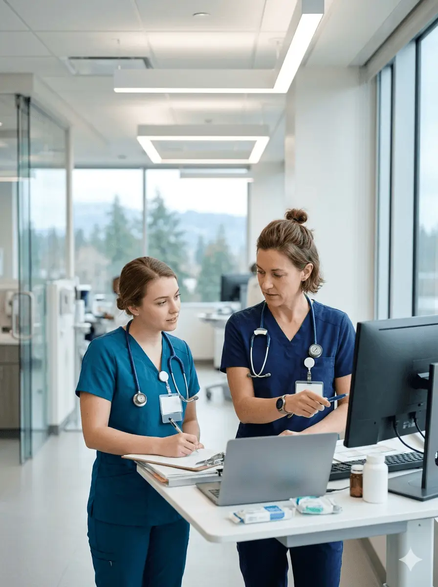Two registered nurses in scrubs collaborating at a workstation in a bright modern Portland Oregon hospital