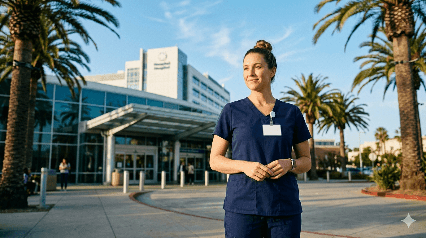 Registered nurse in navy scrubs standing outside a modern San Diego hospital entrance with palm trees and clear blue sky in the background
