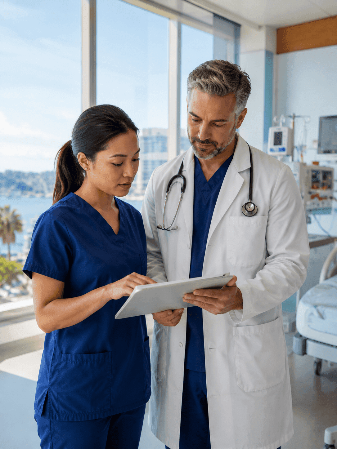 Nurse and physician collaborating over a patient chart in a bright, modern San Diego hospital room with large windows overlooking the city
