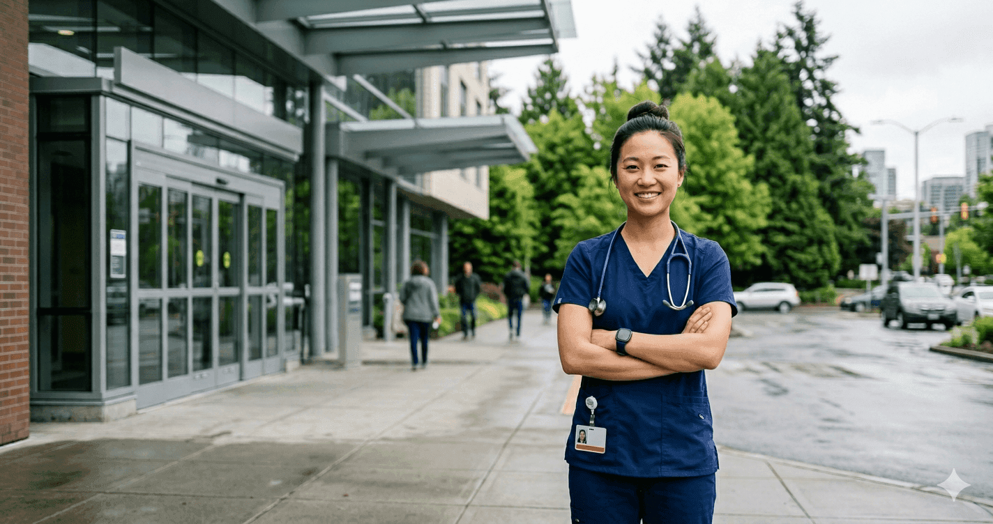 Registered nurse in navy scrubs standing outside a modern Seattle Washington hospital with the Puget Sound visible in the background