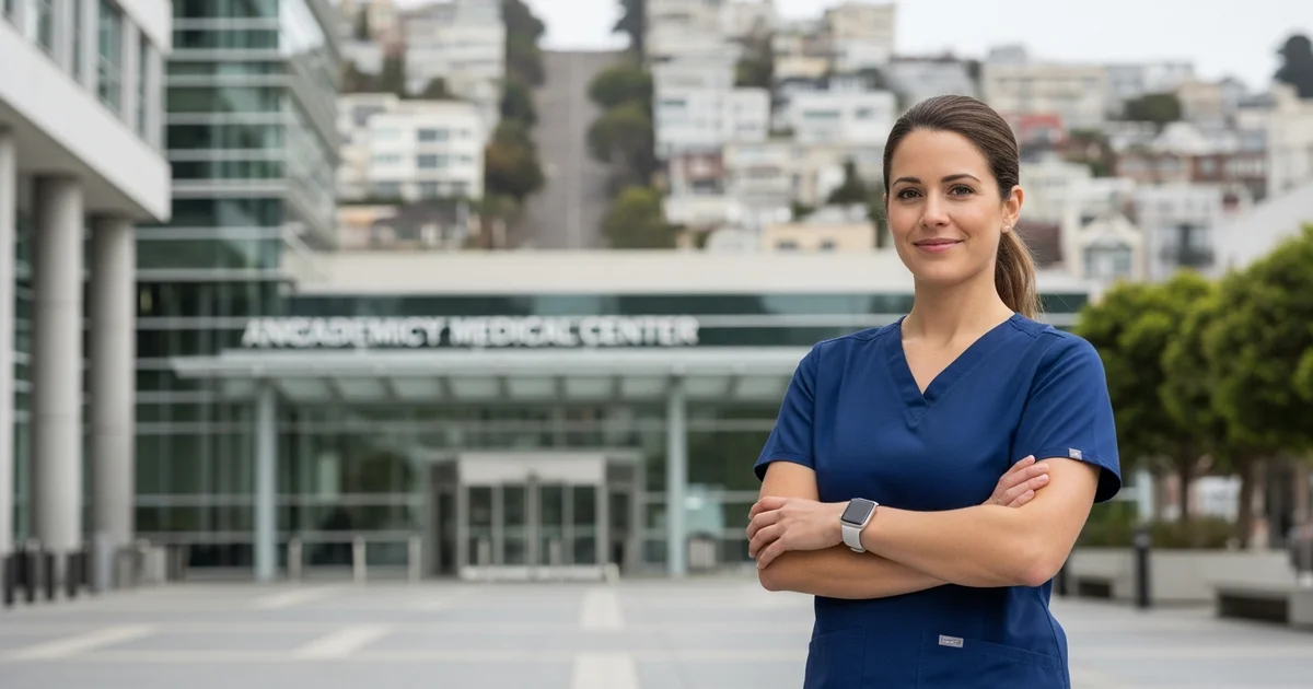 Registered nurse in navy blue scrubs standing confidently outside a large modern academic medical center in San Francisco with a coastal city hillside in the soft background