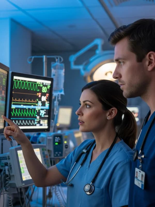 Two nurses in scrubs reviewing patient monitors in a modern ICU at an academic medical center in San Francisco, professional clinical environment with blue-toned lighting