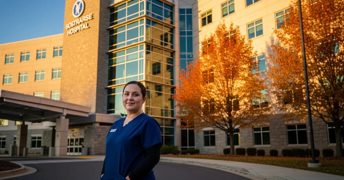 Registered nurse in scrubs standing outside a modern Virginia hospital with autumn trees and a clear blue sky in the background