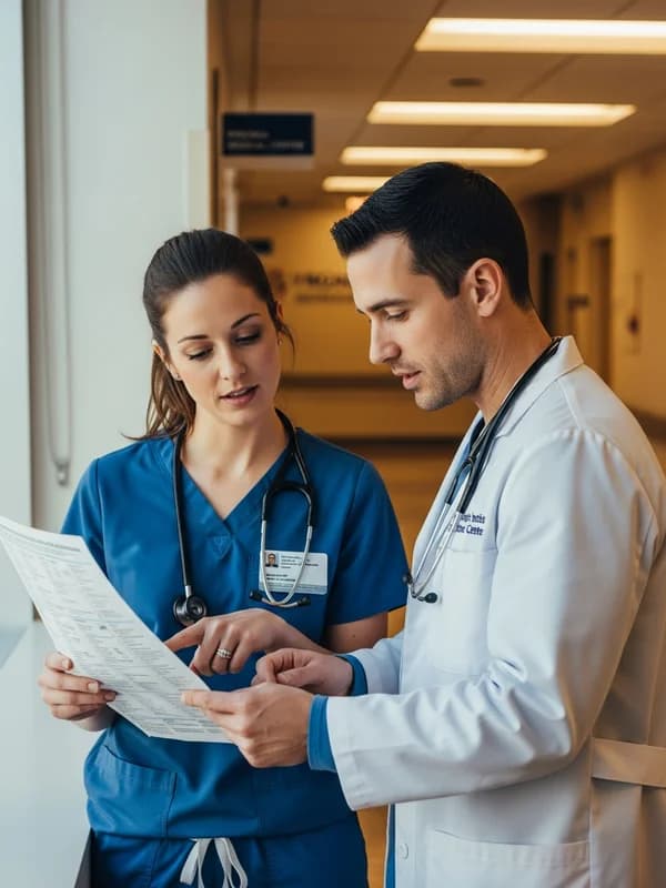 Nurse and physician reviewing patient charts together in a bright hospital hallway at a Virginia medical center