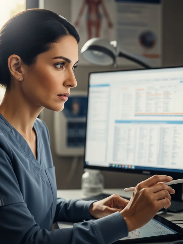 Women's health nurse practitioner reviewing patient records at a clinical workstation in a women's health center, focused professional expression